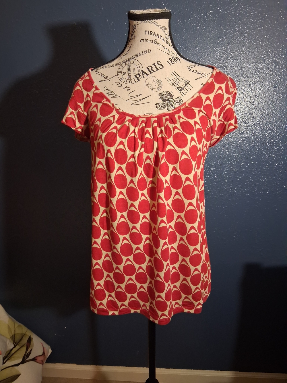 Michael Kors Red and Cream Patterned Women's Scoop Neck Top Small
